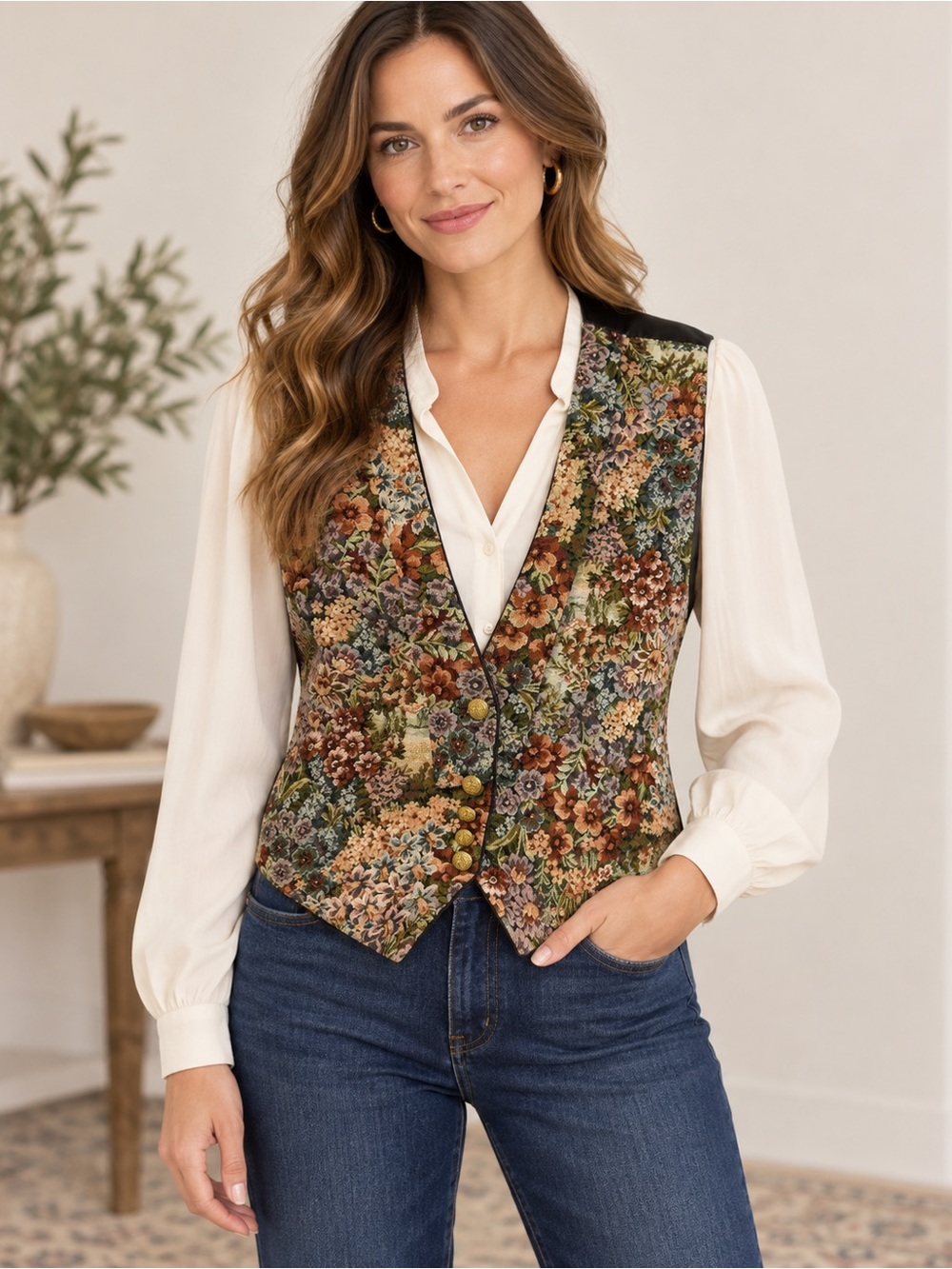 VINTAGE FLORAL TAPESTRY VEST GOLD ORNATE BUTTONS SIZE Medium/Large Retro 90’s